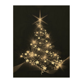 Golden Shine of Stars on Christmas Tree Dark Wood Wall Art