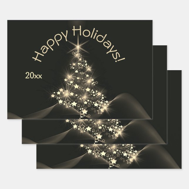 Golden Shine of Stars on Christmas Tree Dark Year Wrapping Paper Sheets (Set)