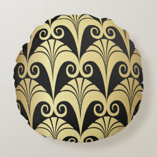 Golden shine texture. Gold vintage art deco geomet Round Pillow