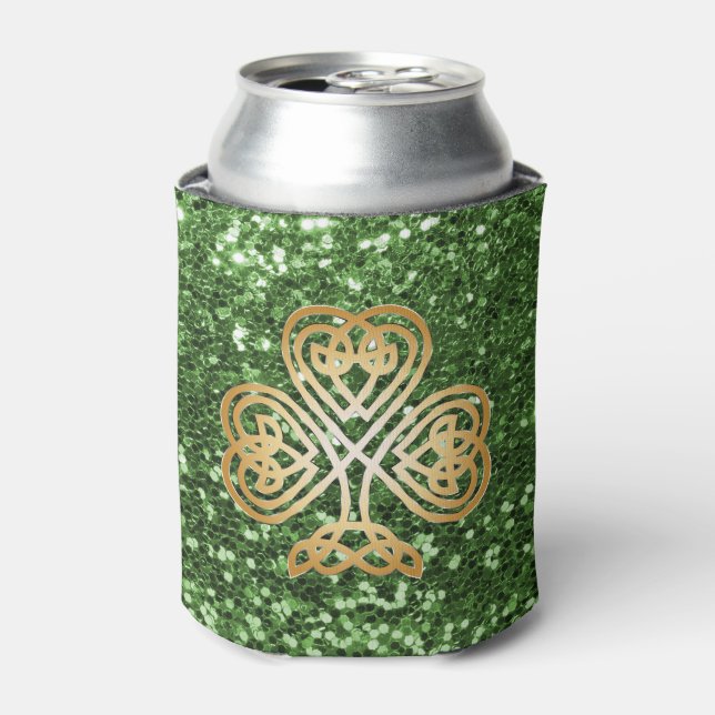 Golden Shining Celtic Shamrock Green Faux Glitter Can Cooler (Can Front)