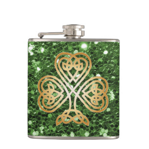 Golden Shining Celtic Shamrock Green Faux Glitter Flask