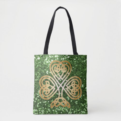 Golden Shining Celtic Shamrock Green Faux Glitter Tote Bag