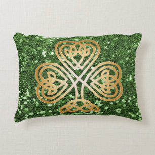 Golden Shining Shamrock Green Faux Glitter Decorative Pillow