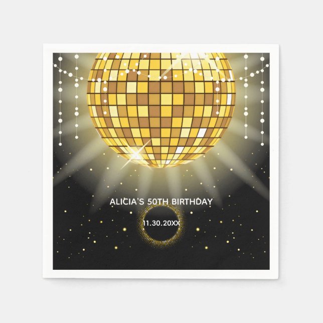 Golden Shiny Disco Ball Black Birthday Napkins (Front)