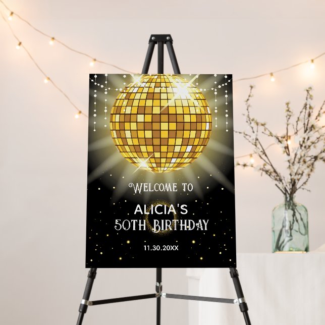 Golden Shiny Disco Ball Black Birthday Welcome Foam Board (In Situ (Stand))