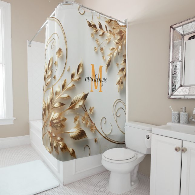 Golden Shiny Orange Monogram Modern Script Wedding Shower Curtain (In Situ)