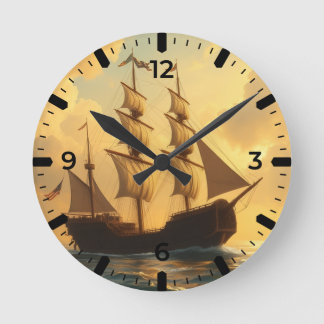 Golden Ship Round Clock