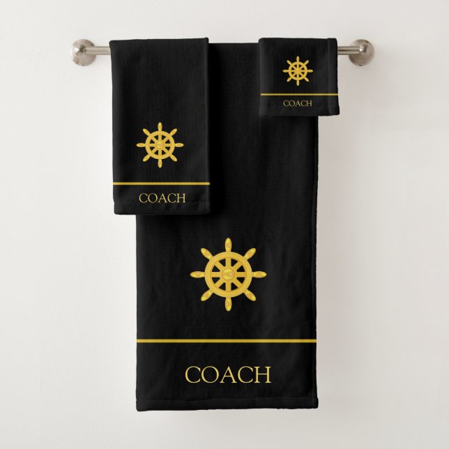 Golden Ship Steering Wheel & Text on Black Bath Towel Set (Insitu)