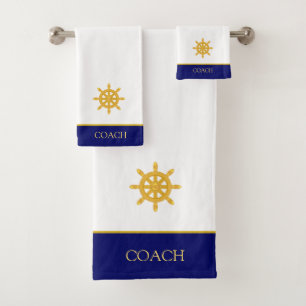 Golden Ship Steering Wheel & Text on Blue & White Bath Towel Set