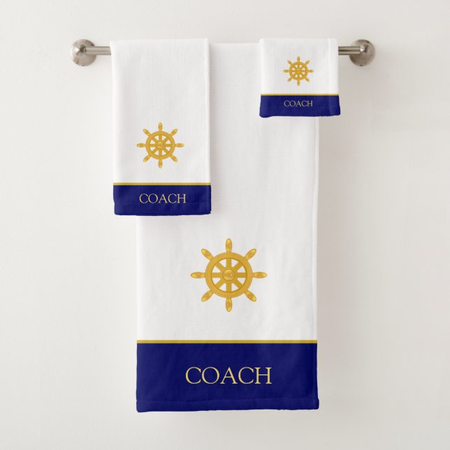 Golden Ship Steering Wheel & Text on Blue & White Bath Towel Set (Insitu)