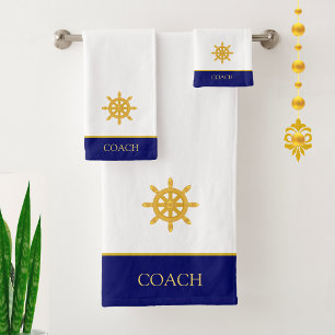 Golden Ship Steering Wheel & Text on Blue & White Bath Towel Set