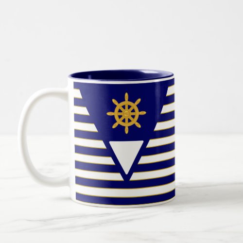 Golden Ship Wheel on Blue  White Striped Two_Tone Coffee Mug