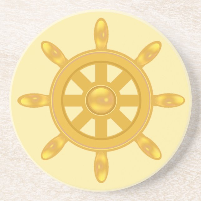 Golden ship wheel on champagne beige background coaster (Front)