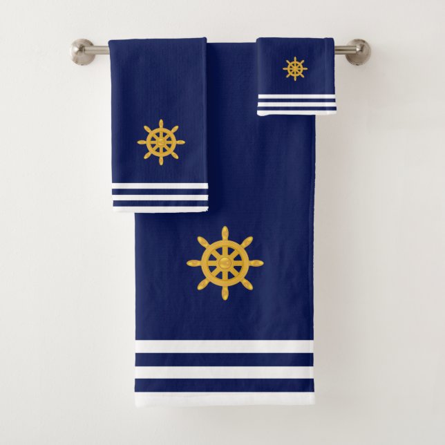 Golden Ship Wheel & Stripes on Navy Blue Bath Towel Set (Insitu)