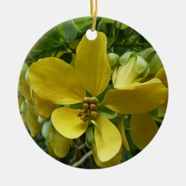 Golden Shower Tree Tropical Yellow Floral Ceramic Ornament (Front)