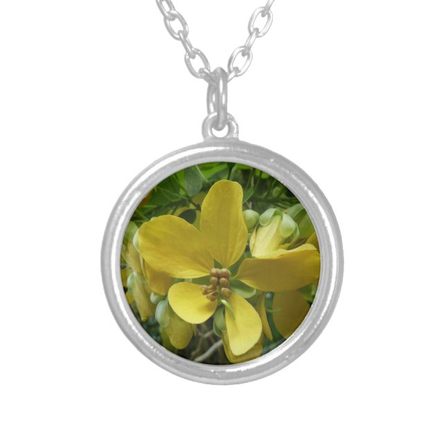 Golden Shower Tree Tropical Yellow Floral Silver Plated Necklace (Front)