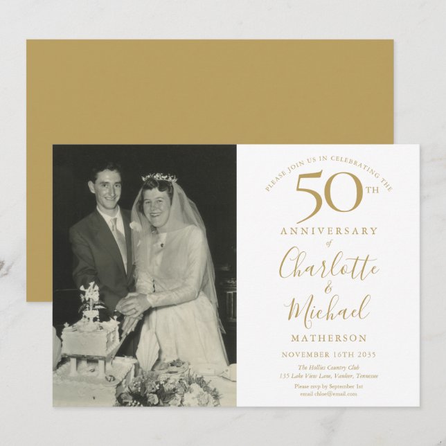 Golden Signature 50th Wedding Anniversary Photo Invitation | Zazzle