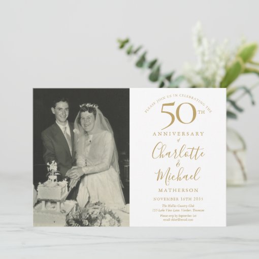 Golden Signature 50th Wedding Anniversary Photo Invitation | Zazzle