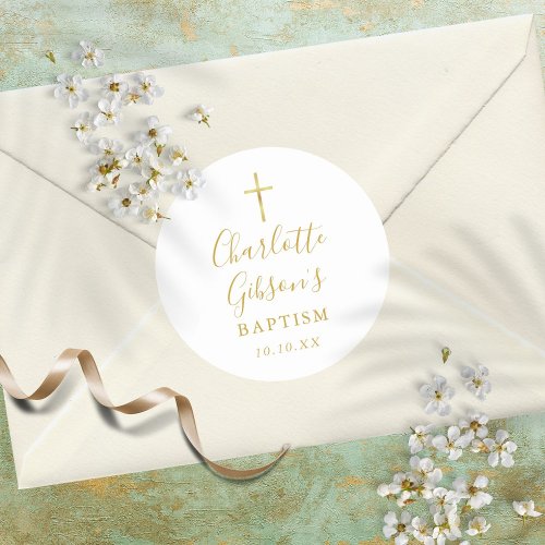 Golden Signature Gold Cross Baptism Christening Classic Round Sticker