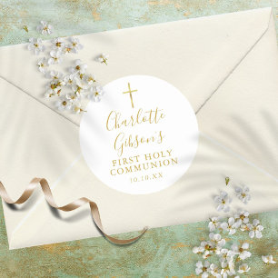 Golden Signature Gold Cross First Holy Communion Classic Round Sticker