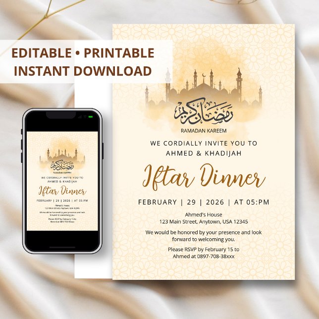 Golden Silhouette Mosque Geometric Iftar Dinner Invitation (Creator Uploaded)