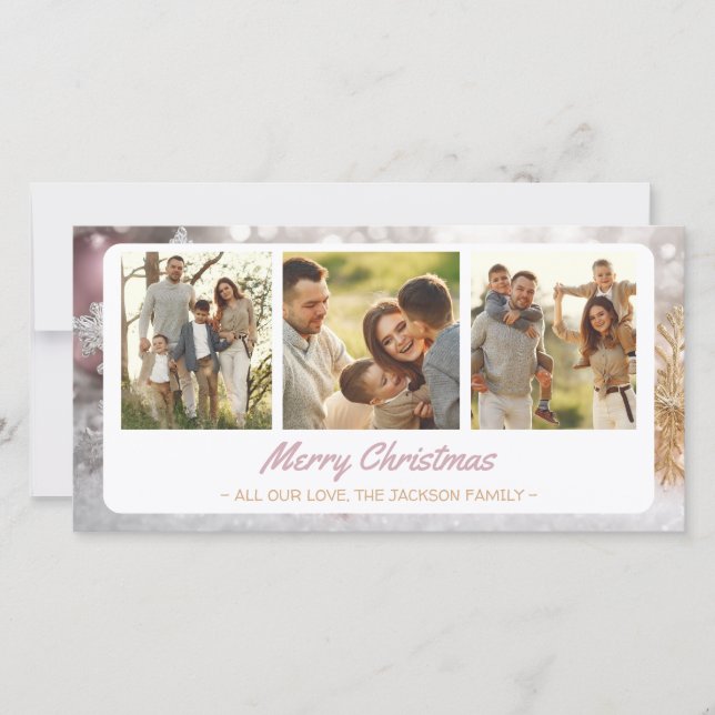 Golden Silver Baby Pink Snowflake  3 Photo Collage Holiday Card (Front)