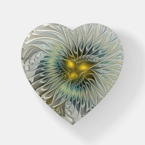 Golden Silver Flower Abstract Fractal Art Heart Paperweight