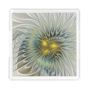 Golden Silver Flower Fantasy abstract Fractal Art Acrylic Tray