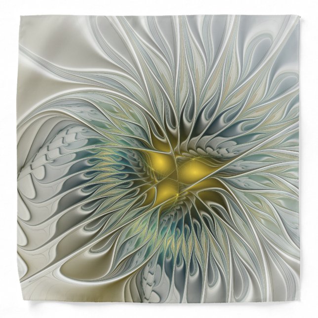 Golden Silver Flower Fantasy Abstract Fractal Art Bandana (Front)