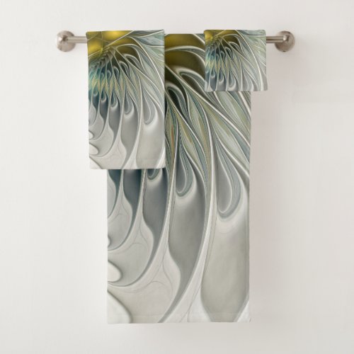 Golden Silver Flower Fantasy abstract Fractal Art Bath Towel Set