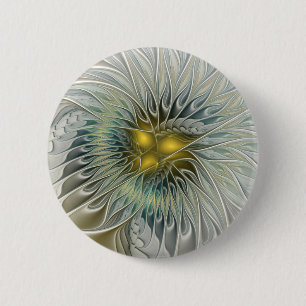 Golden Silver Flower Fantasy abstract Fractal Art Button