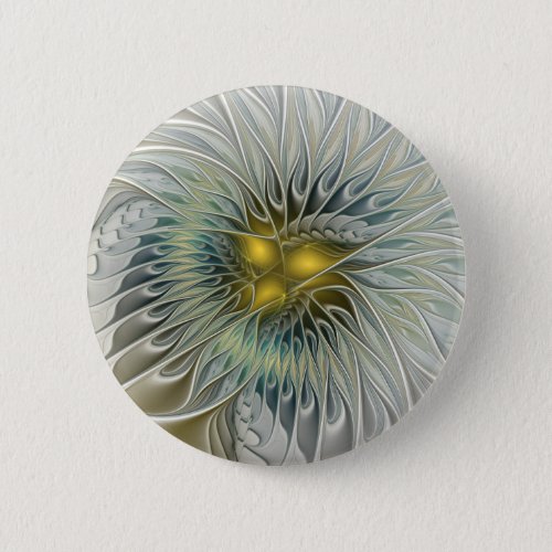 Golden Silver Flower Fantasy abstract Fractal Art Button