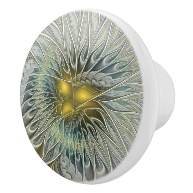 Golden Silver Flower Fantasy abstract Fractal Art Ceramic Knob (Right)