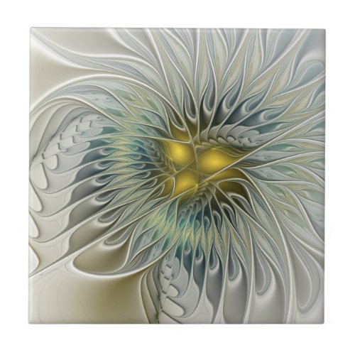 Golden Silver Flower Fantasy Abstract Fractal Art Ceramic Tile