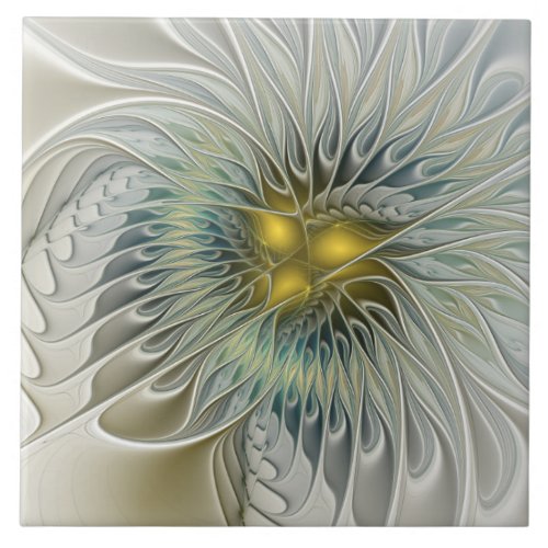 Golden Silver Flower Fantasy Abstract Fractal Art Ceramic Tile
