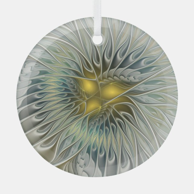 Golden Silver Flower Fantasy Abstract Fractal Art Glass Ornament (Front)