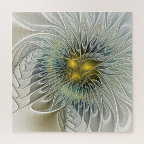 Golden Silver Flower Fantasy abstract Fractal Art Jigsaw Puzzle