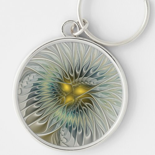 Golden Silver Flower Fantasy Abstract Fractal Art Keychain