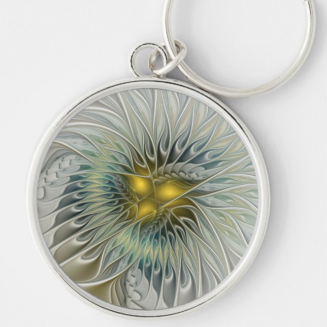 Golden Silver Flower Fantasy Abstract Fractal Art Keychain (Front)