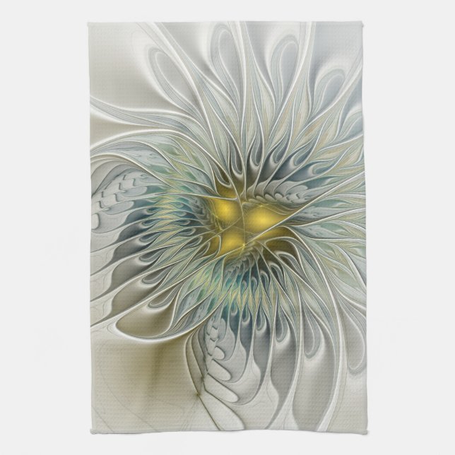 Golden Silver Flower Fantasy Abstract Fractal Art Kitchen Towel (Vertical)