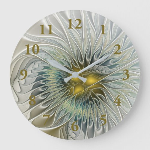 Golden Silver Flower Fantasy abstract Fractal Art Large Clock