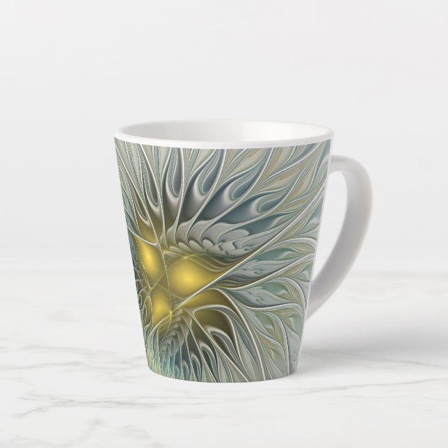 Golden Silver Flower Fantasy Abstract Fractal Art Latte Mug (Right Angle)