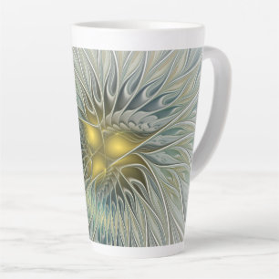 Golden Silver Flower Fantasy Abstract Fractal Art Latte Mug