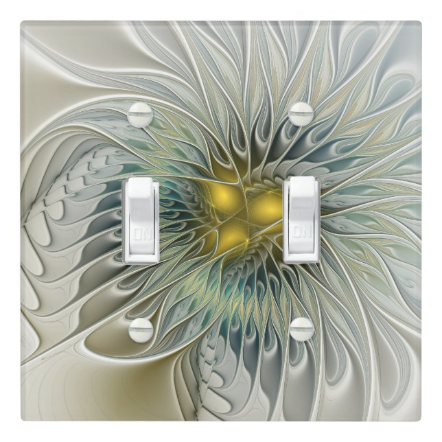 Golden Silver Flower Fantasy Abstract Fractal Art Light Switch Cover (In Situ)