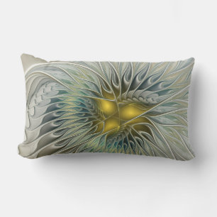 Golden Silver Flower Fantasy abstract Fractal Art Lumbar Pillow