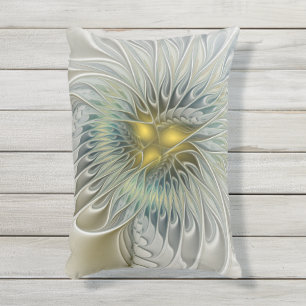 Golden Silver Flower Fantasy abstract Fractal Art Outdoor Pillow