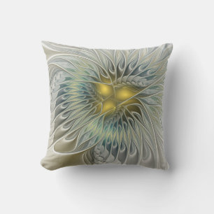 Golden Silver Flower Fantasy abstract Fractal Art Outdoor Pillow
