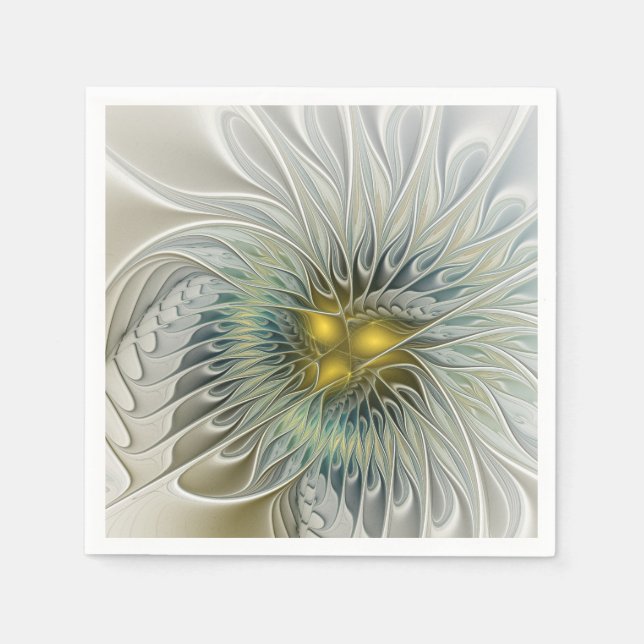 Golden Silver Flower Fantasy abstract Fractal Art Paper Napkins (Front)