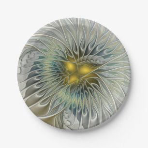 Golden Silver Flower Fantasy abstract Fractal Art Paper Plates