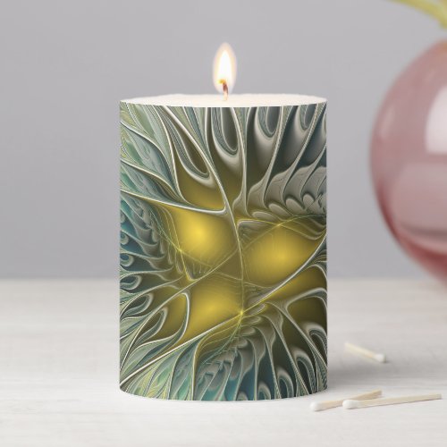 Golden Silver Flower Fantasy abstract Fractal Art Pillar Candle